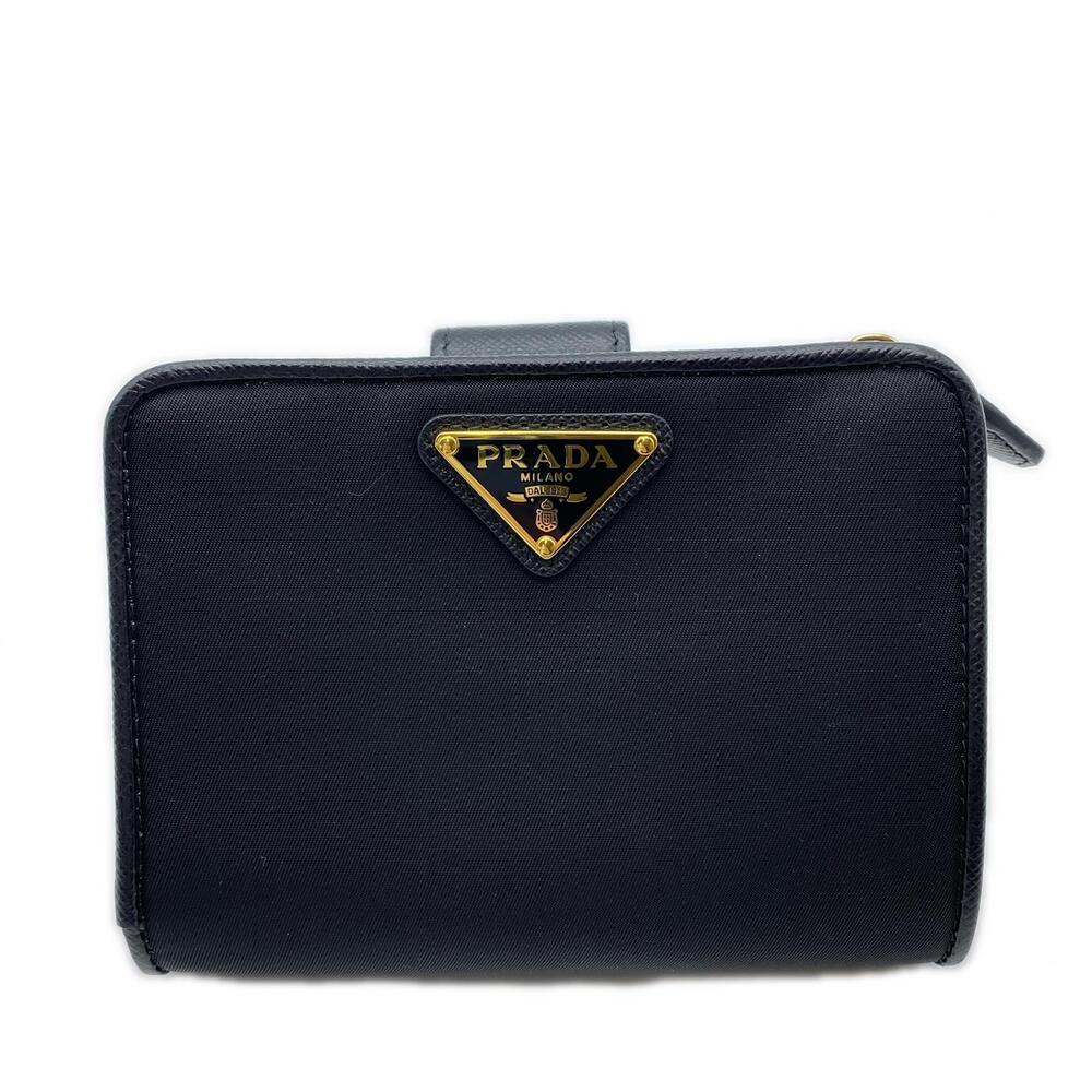 PRADA Tessuto Leather Compact Wallet Bi fold Black Saffiano
